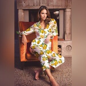 Averie Two Piece Citrus Print Pajama Set Shirt Pants White Lemon XXL Satin $135